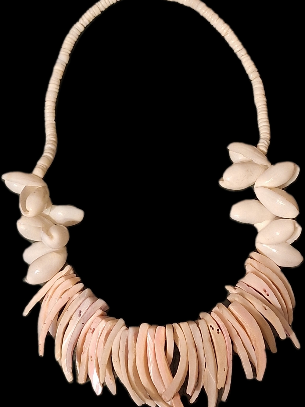 Vintage 1970s Tribal Shell Bib Statement Necklace - 18" Boho Puka Cowrie & Spiny